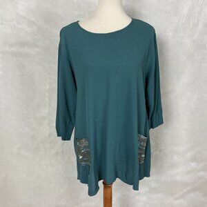 Yasuko Green Blue Teal Patch Kimono Silk Pocket Tunic Top XL